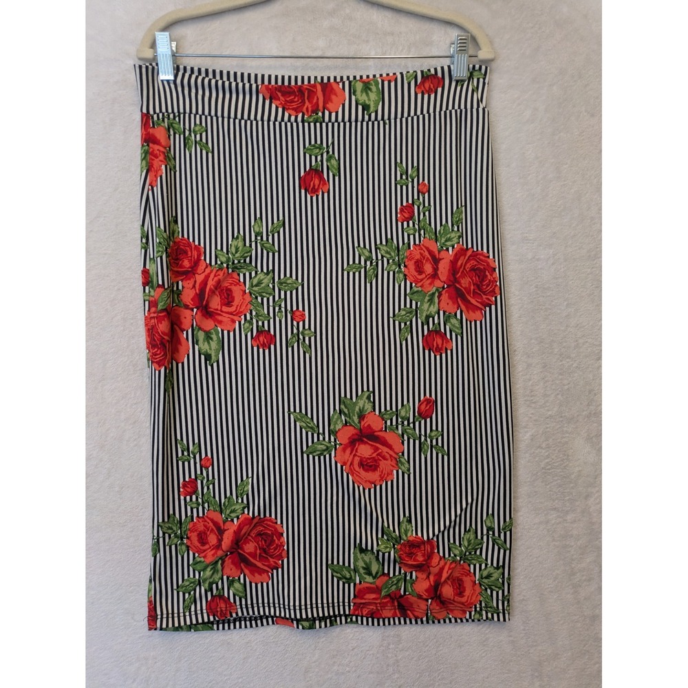 Riah Fashion Pencil‎ Skirt Women's Size L Black White Striped Red Floral Rose